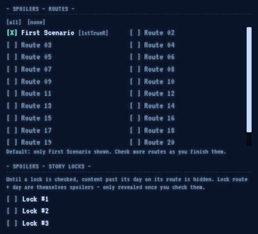 Help menu — spoilers: routes and story locks